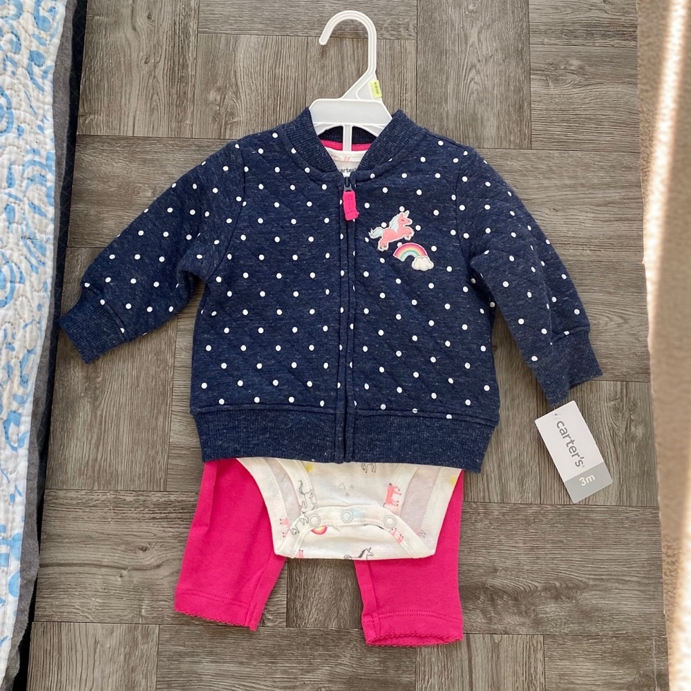 Carters Baby Girl Unicorn 3 Piece Set / Size 3m